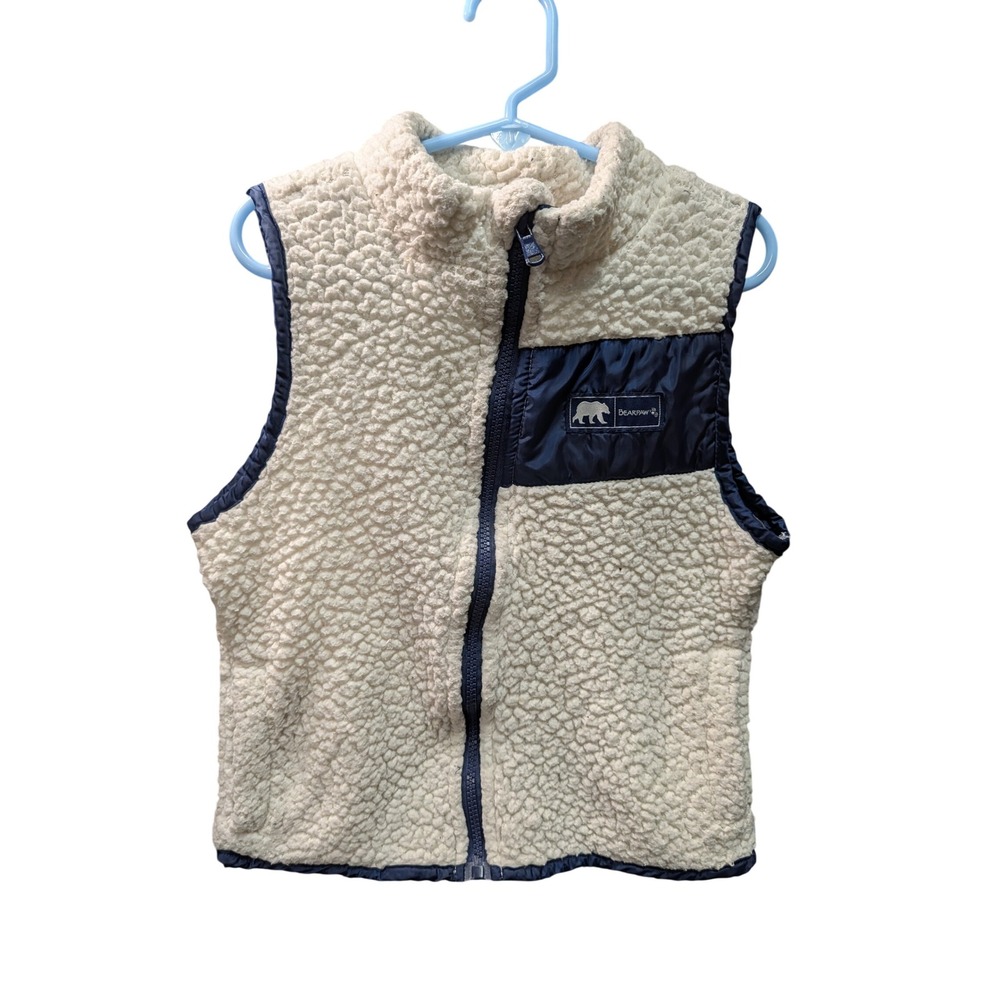 Bearpaw Sherpa Fleece Vest Kids 5/6 Cream Navy Excellent Full Zip Mock Neck